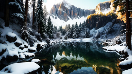 A breathtaking view of a snow-capped mountain reflected in a crystal-clear alpine lake, surrounded by pine forests and rugged cliffs