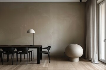 Modern Minimalist Apartment: Black Furniture, Wooden Floor Dining Room, Stylish Lamp, Contemporary Chair