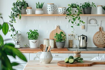 Blurred Kitchenware and White Brown Plant Decor Background