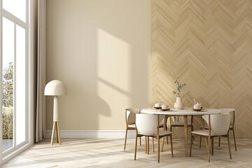 Fototapeta na wymiar Beige Wall and Wooden Herringbone Modern Dining Area Panorama with Stylish Table and Cozy Lamp