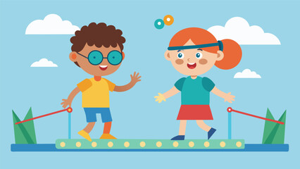 Two children one with a visual impairment and the other with ADHD playing together on a sensory bouncy bridge.. Vector illustration