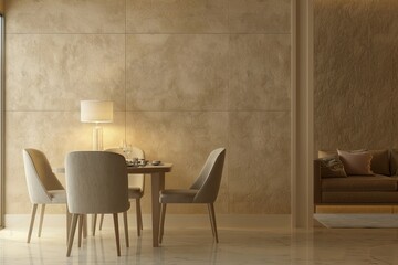 Chic Minimalist Style Dining Room in Modern Apartment: Textured Beige Walls with Luxurious Table and Clean Lamp