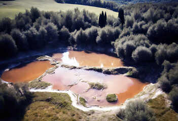Naklejka premium 'Filippo Siena geothermal Bagni San Tuscany creek Aerial Italy view Background Pattern Abstract Water Nature Leaf Forest Beauty Italy Fall Shapes Stone Beautiful Natural Drone Transparent Perspective'