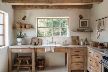 Light-Filled Wooden Desk in a Rustic Kitchen: Inspiring Bright and Airy Interior Design