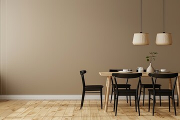 Modern Minimalist Dining Area with Wooden Flooring and Black Chairs - Cozy Elegance Under Warm Lighting