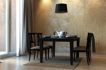 Modern Apartment Dining Area: Black Dining Set, Beige Textured Walls, Cozy Contemporary Lamp