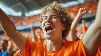 A joyful fan at a soccer event, happily shouting and gesturing with his arms in the air, showcasing...