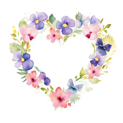 A watercolor painting of a heart-shaped wreath made of various flowers.