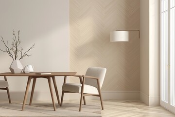 Wooden Herringbone Dining Area Design - Modern Interior Apartment | Beige Wall, Table, Chairs, Cozy Chair, Contemporary Lamp