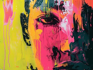 In the heart of a storm, Nardo captures misery with abstract figures, merging pain with beauty. Extreme Close-Up reveals tears becoming ice, a narrative of struggle and transformation., Neon pink, neo