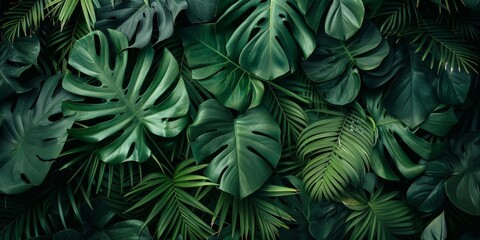 Exotic Monstera and Palm Leaves Background - Lush Greenery and Tropical Foliage Textures