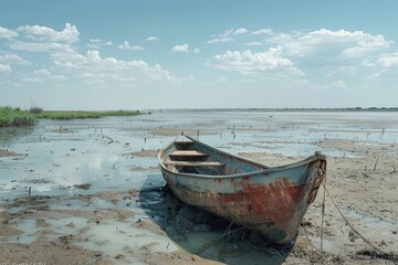 Obraz premium A weathered boat lies grounded on a vast mudflat under a dynamic sky, symbolizing the ebb and flow of the natural world.