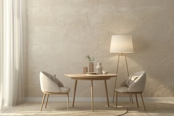 Chic Modern Apartment Dining Room: Textured Beige Walls, Table & Chairs, Cozy Minimalist Style, Bright Stylish Lamp
