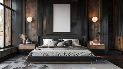 Dark home bedroom interior bed and nightstand with books and decoration, pillow and bed linen. Sleeping zone with stylish design. Mock up square canvas poster on black wall. 3D rendering ai generated 