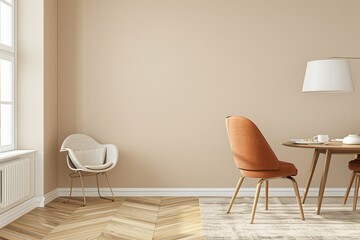 Modern Minimalist Dining Room: Wooden Herringbone Floor, Luxurious Chair, Stylish Lamp