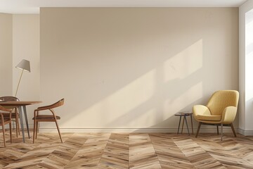 Minimalist Dining Room in Modern Apartment with Herringbone Floor, Luxurious Chair, and Stylish Lamp