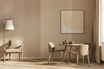 Modern Dining Room: Beige Wall with Wooden Herringbone Design - Empty Living Room Panorama Featuring Cozy Chair and Clean Lamp