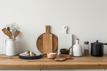 Wooden Board Accents: Airy Modern Kitchen Display on Wood Table Top