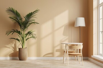 Fototapeta premium Modern Elegant Dining Area: Minimalist Furniture, Large Potted Plant, Stylish Lamp