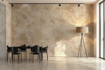 Modern Beige Textured Wall Dining Area with Elegant Black Set and Stylish Accents