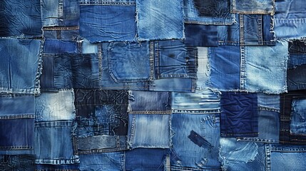 Unique denim patchwork design on a textured background