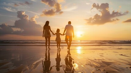 A family of mixed races walking hand in hand, their silhouettes cast on the beach at sunrise
