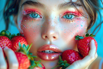 Young woman with bright make up and strawberry close up portrait, beautiful caucasian woman art photo