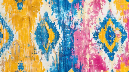 Vibrant ikat print with ethnic patterns in shades of yellow, blue, and pink. - obrazy, fototapety, plakaty