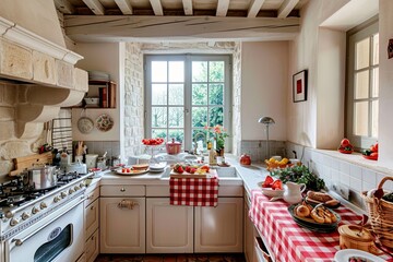 Bright and Airy Kitchen with Cozy Breakfast Setups and Red Checkered Cloths