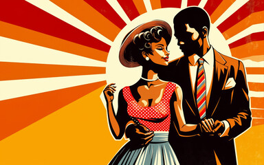 Illustration of an elegantly dressed mid-20th century couple, the man in a suit and tie, the woman in a polka dot dress, against the backdrop of an orange sunburst that evokes a feeling of nostalgia
