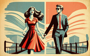 An old poster in retro style depicting a young woman walking hand in hand across a city bridge against the backdrop of an abstract cityscape