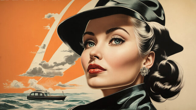 Vintage-style illustration of a woman in elegant clothing, against the sea with a small boat floating in the background, the image captures the nostalgic charm of a classic advertisement