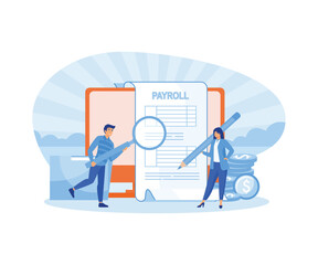 Obraz na płótnie Canvas Male and female working on payroll administrative. Man and woman use pencil and magnifier to examine payroll check. flat vector modern illustration