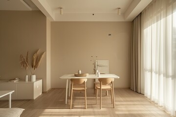 Minimalist Dining Room in Contemporary Apartment: Modern Interior with Table and Chairs, Beige Wall Panorama and Cozy White Decoration