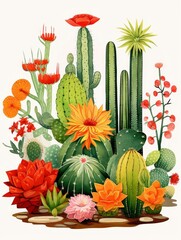 Conceptual illustration of a whimsical cactus garden, with various species shown in minimalist style, perfect for botanical educational materials