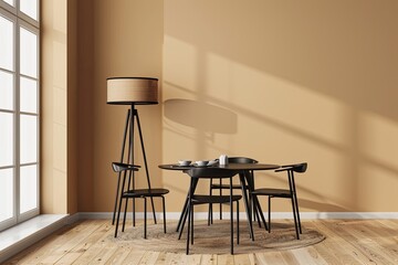 Modern Minimalist Dining Area: Black Furniture, Wooden Floor, Stylish Lamp - Elegant Apartment Interior Design