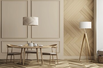 Modern Interior Dining Area: Beige Wall with Wooden Herringbone Design in Apartment