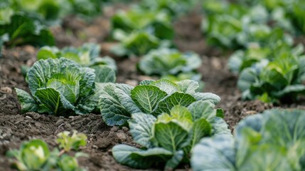 Several newly sprouted green cabbages can be seen in the field