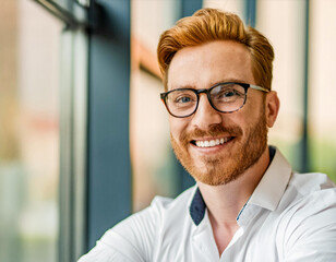 Handsome forty years old friendly caucasian ginger red hair man smilling wearing glasses in home interior