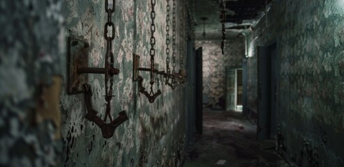A dark and abandoned asylum with peeling wallpaper, rusty shackles hanging from the walls   - obrazy, fototapety, plakaty