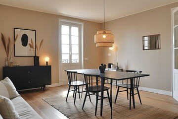 Modern Minimalist Dining Room with Black Furniture and Warm Wooden Accents