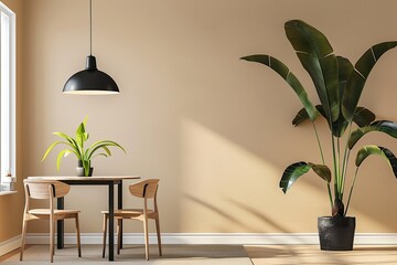 Modern Stylish Apartment Dining Room with Black Pendant Lamp and Large Plant