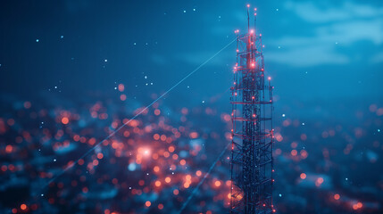 Abstract antenna mast on blue. 5G technology, telecommunication industry, telecom network, broadcast television, cell phone, 5G telecommunication, city communication, LTE transmitter concept. 