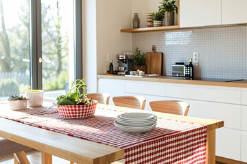 Modern Kitchen Interior: Cozy Red Checkered Breakfast Table Setup