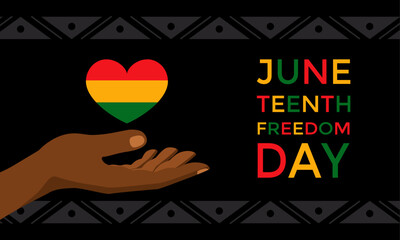 Happy Juneteenth freedom day black. African hands and heart. Banner.June 19, 1865.Vector stock illustration.