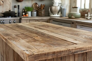 Light-Filled Wooden Desk in a Rustic Kitchen: Embracing Design on Wood Tables and Blurred Backdrops