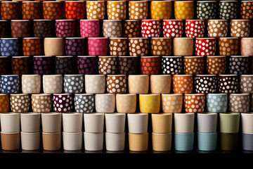 Stacked coffee cups with various polka dot patterns and colors - obrazy, fototapety, plakaty