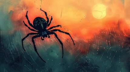 A large black spider with a red hourglass marking on its abdomen is perched on a web in front of a setting sun.