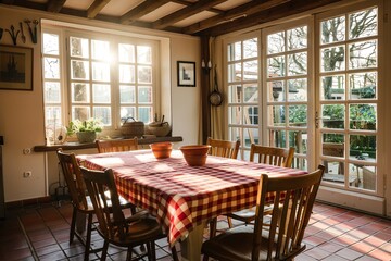 Fototapeta premium Cozy Breakfast Table Setup: Rustic Dining Furniture in a Light-Filled Room