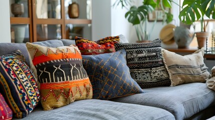 Vibrant Bohemian Lounge Space Transforms a Plain Grey Sofa with Exuberant Pillows